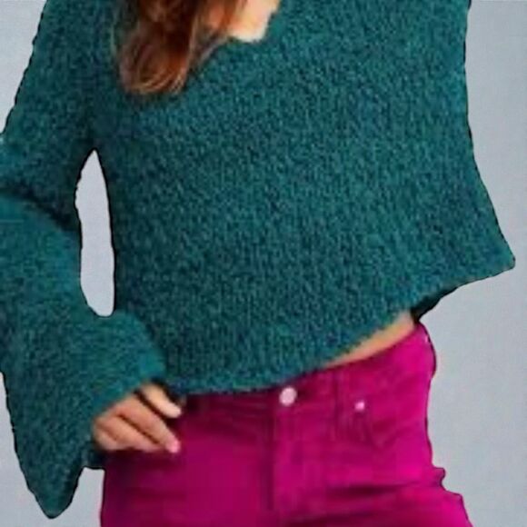 Free People Dune Bell Sleeved Green Oversized Cropped Knit V Neck Sweater S - Picture 15 of 15